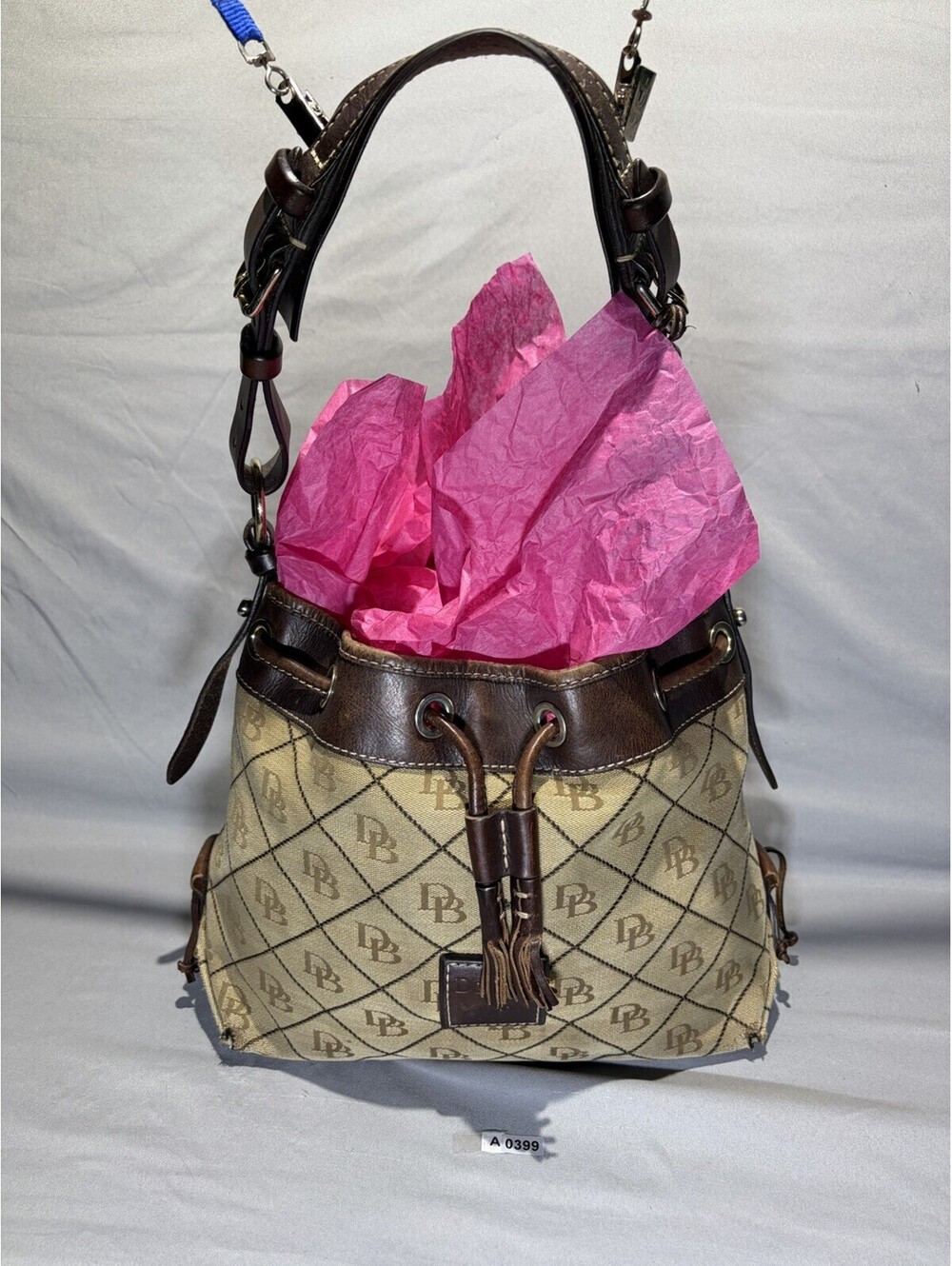 Dooney & Bourke Drawstring Bucket Shoulder Bag Signature DB Monogram Canvas